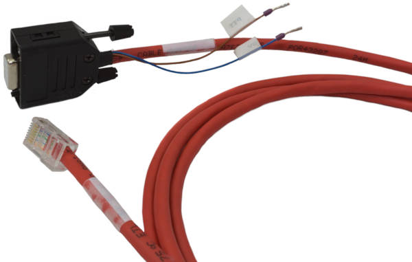 Custom cable made using red category 5 cable with DB9 connector, RJ45 connector and two crimp terminals with flag labels coming from the DB9 end.
