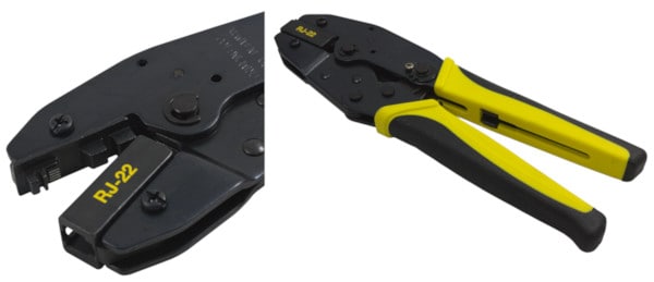 A front loading crimp tool for RJ22 (4P4C) plugs