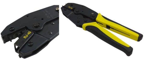 A front loading crimp tool for RJ45 (8P8C) plugs